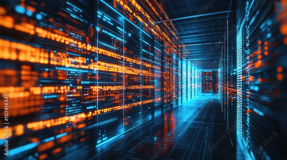 Poster futuristic abstract 3d background featuring motion graphics for data centers servers and high speed 
