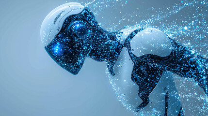 Digital Art of Futuristic Humanoid Robot with Sparkling Particle Effects and Blue Neon Light