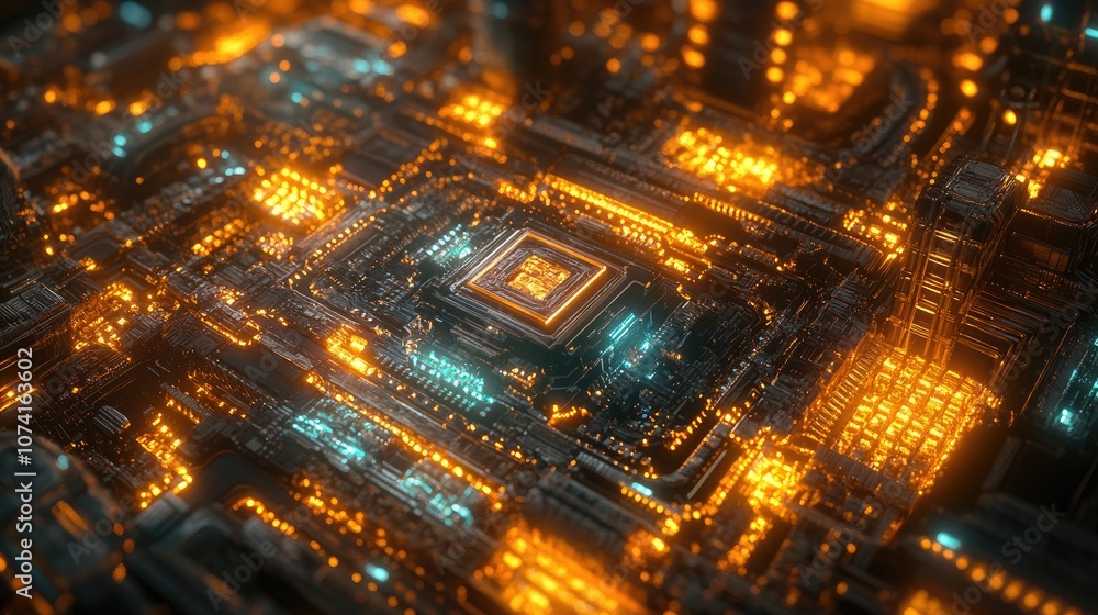 Poster 3d illustration of a cpu within a fractal environment ideal for projects related to computer science