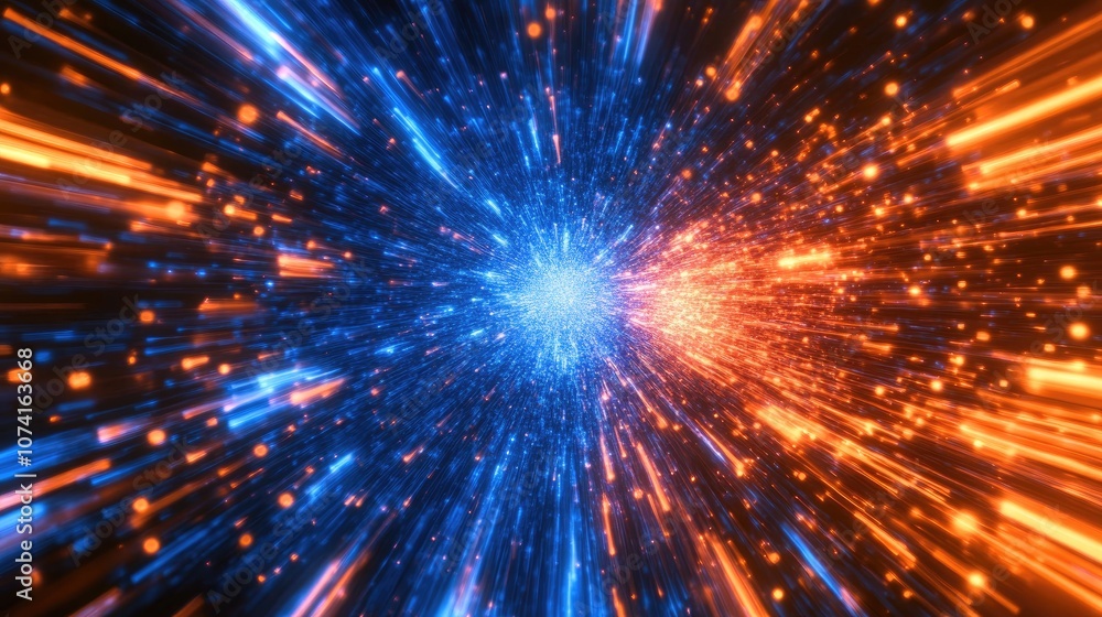 Poster dynamic 3d explosion design featuring vibrant blue bars against a radiant orange background in a squ