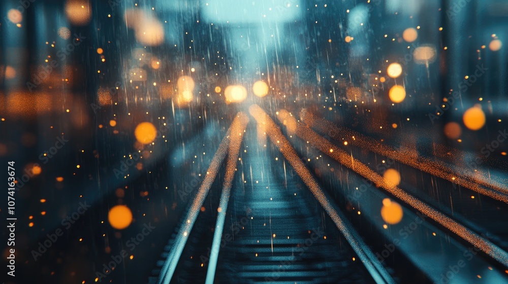 Poster abstract background featuring blurred bokeh lights from urban office spaces combined with motion ele