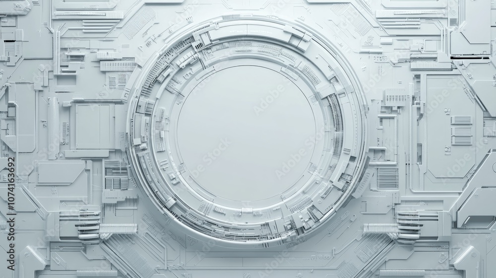 Poster abstract grey and white technology backdrop featuring diverse tech elements illustrating a high tech