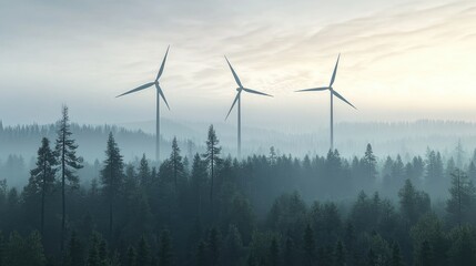 Three large wind turbines rise above a thick forest treeline showcasing the integration of modern renewable energy technology within natural landscapes