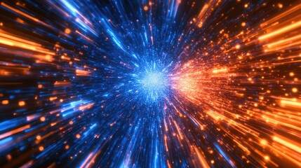 Dynamic 3D explosion design featuring vibrant blue bars against a radiant orange background in a square format Energy tunnel or stream effect highlighted
