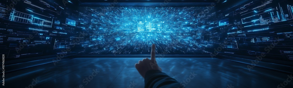 Poster a futuristic scene with a hand reaching out towards a glowing digital interface surrounded by vibran