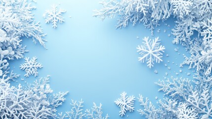 Elegant 3D white snowflakes are laid flat on a blue background, providing ample blank space for the winter design template's flat layout. Suitable for Christmas decoration and New Year celebrations