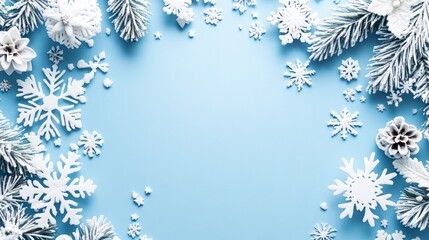 Elegant 3D white snowflakes are laid flat on a blue background, providing ample blank space for the winter design template's flat layout. Suitable for Christmas decoration and New Year celebrations