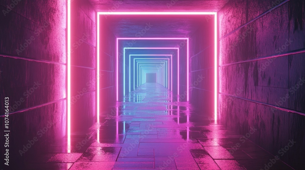 Poster rectangular neon light frame with a glowing geometric outline in a tunnel corridor creating an abstr