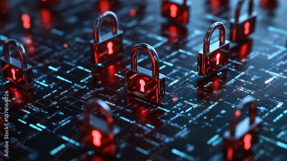 Poster cybersecurity theme featuring locks on tech elements against a dark binary background symbolizing ha