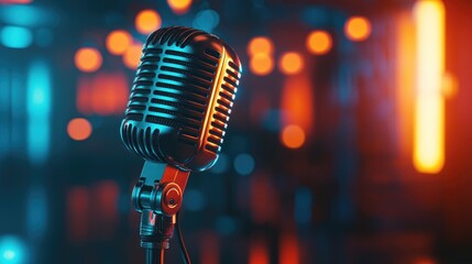 Microphone in a blurred setting providing space for text or lettering with a tinted effect