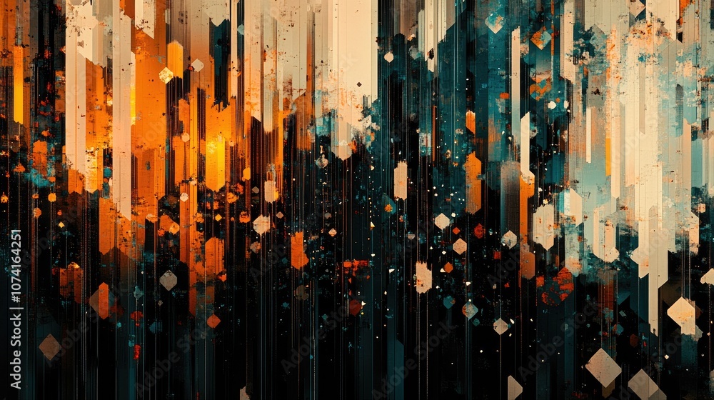 Poster contemporary backdrop featuring dead pixels and glitches with optical distortions and overlapping ge