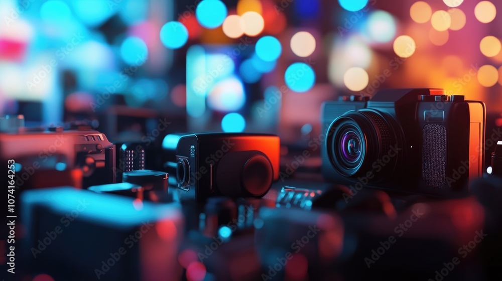Poster technology gadgets displayed with a blurred bokeh background