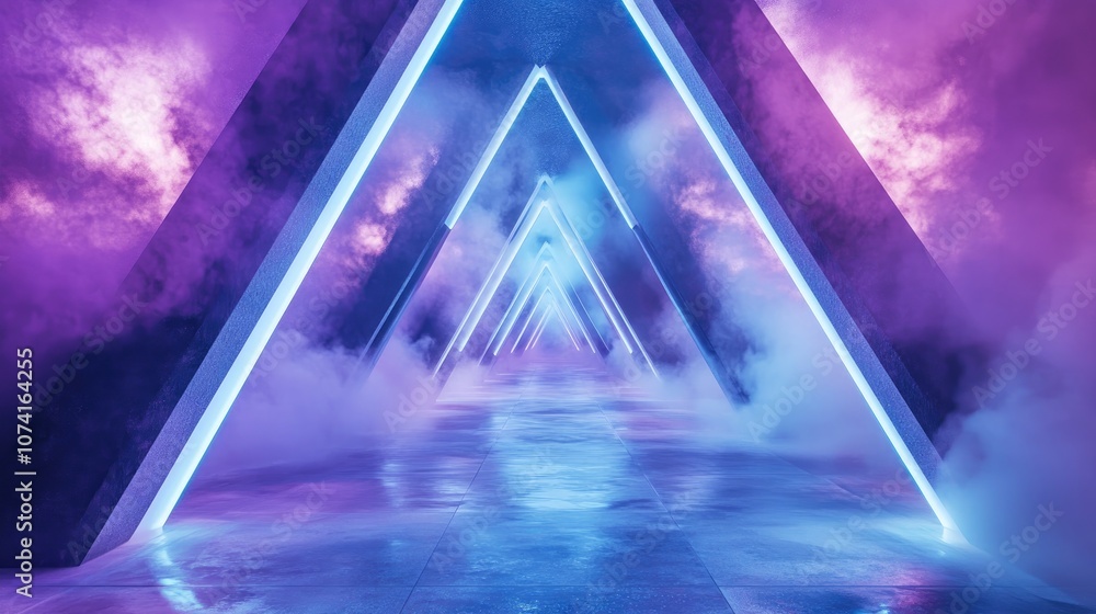 Poster triangular steam and fog with a glowing alien spaceship in a sci fi futuristic room featuring illumi