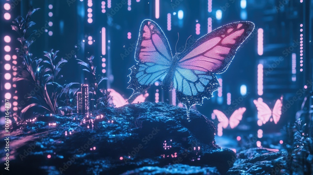 Poster futuristic scene depicting metaverse web3 and blockchain technology with elements like a butterfly r