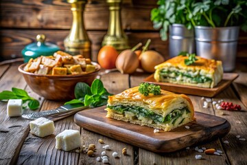 Traditional Greek Spinach Pie with Goat Cheese in a Rustic Setting, Highlighting Textures and Colors of Ingredients and Traditional Greek Architecture in the Background