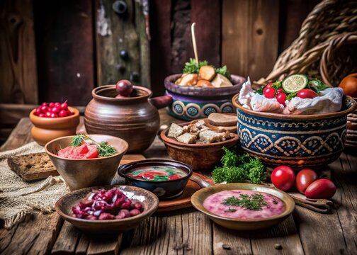 Traditional Dishes of Votkinsk, Udmurt Republic, Russia: A Culinary Journey Through Regional Flavors and Ingredients in a Vibrant Rustic Setting
