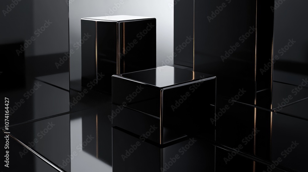 Poster 3d rendering featuring a black background with deep boxes and reflective surfaces