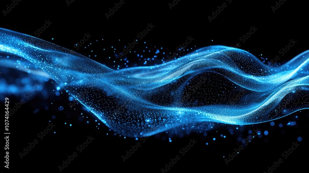 Poster abstract illustration of a flowing dynamic wave structure with blue particles on a digital backgroun