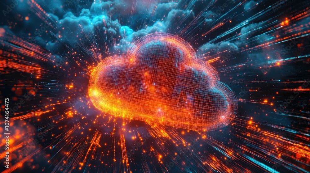 Poster dotted line illustration merging cloud shape with futuristic elements representing concepts of cloud