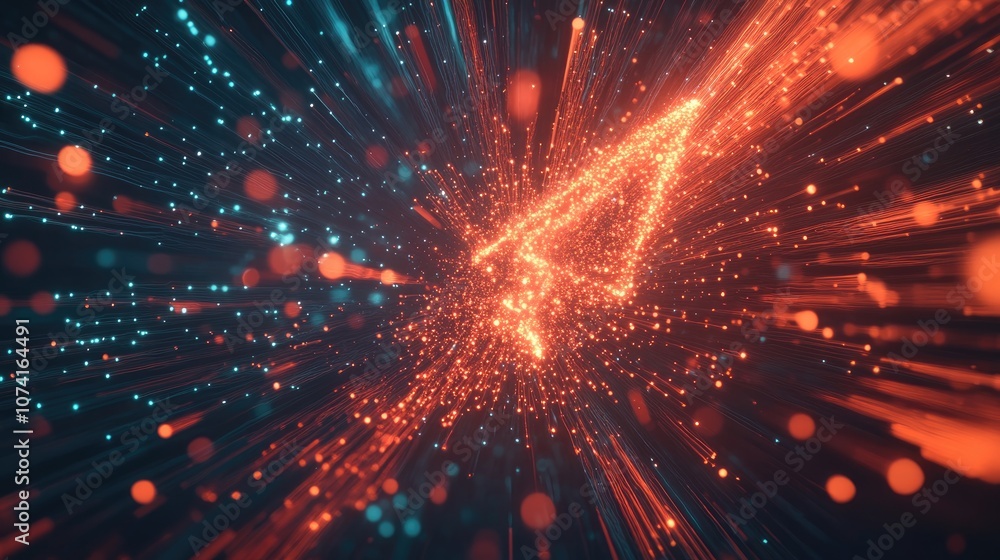 Poster futuristic illustration showcasing a data explosion with a blurred technology backdrop and led fiber