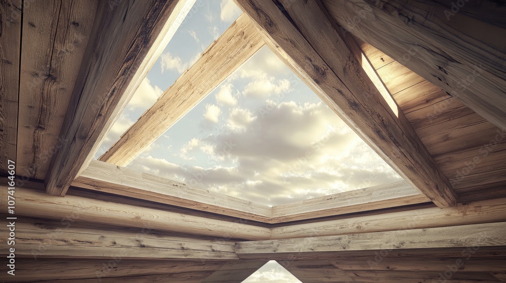Poster triangular skylight in an attic of a rustic log house under construction with a backdrop of a cloudy