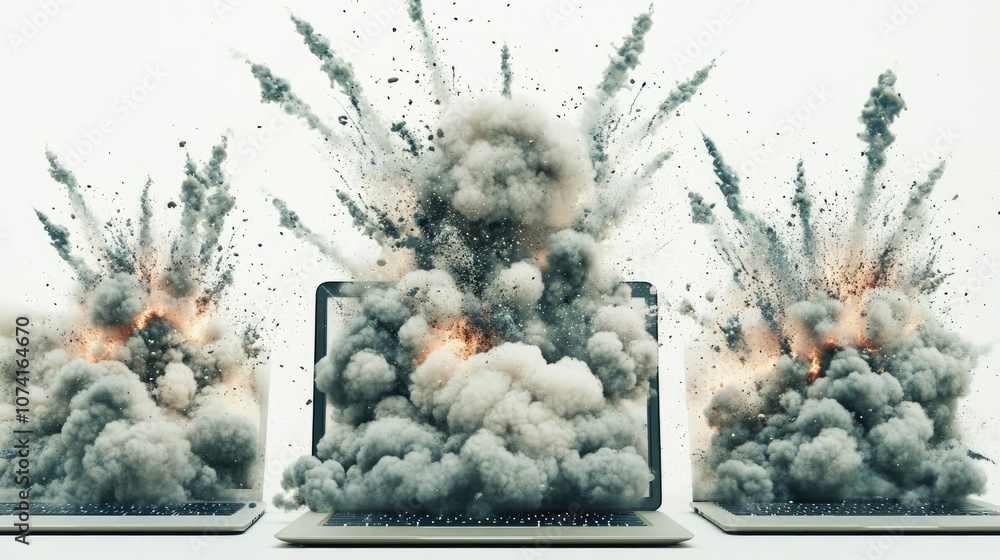 Poster laptops explode with cloud-like bursts in a digital artwork display generative ai