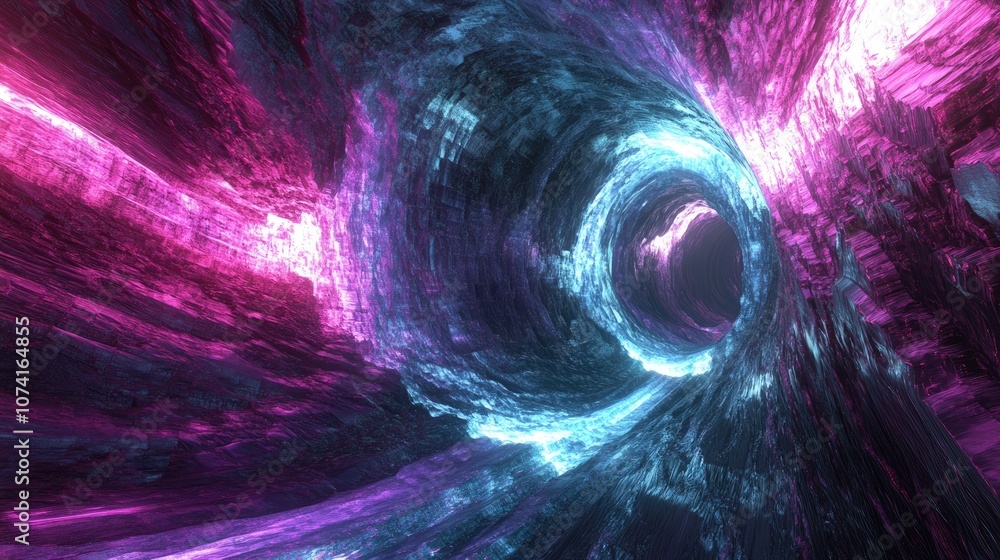 Poster 3d rendered abstract background featuring a neon light beam creating a tunnel like corridor with roc