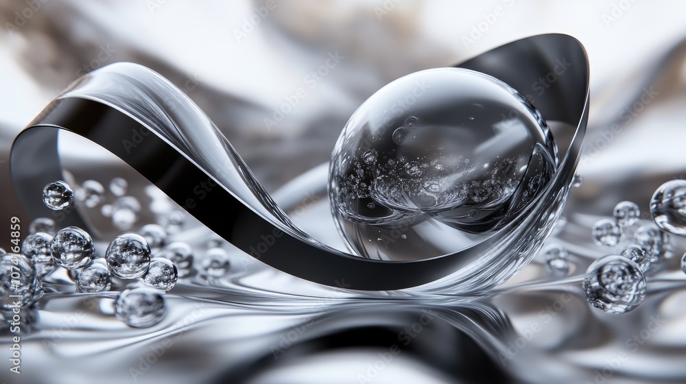 Poster 3d rendering of a black mobius strip fragment alongside a large glass globe surrounded by numerous t