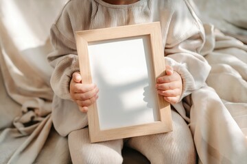Child holding blank wooden frame in a soft, pastel-toned setting