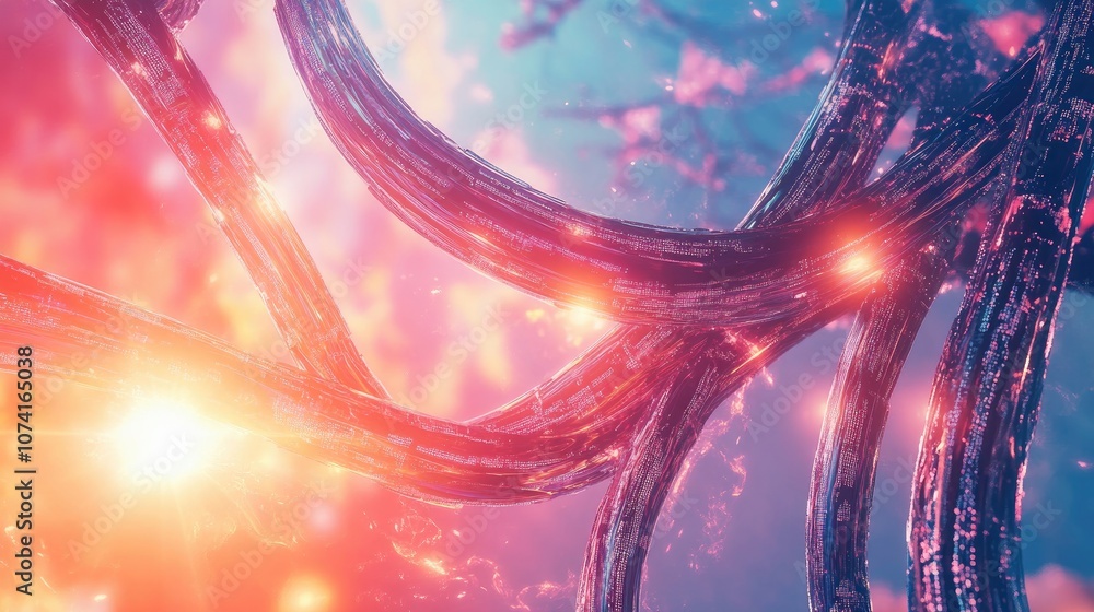 Poster abstract 3d background featuring a dynamic sky intertwined data cables and a captivating lens flare 