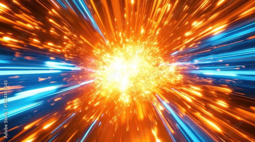 Poster dynamic 3d explosion design featuring vibrant blue bars against a radiant orange background in a squ
