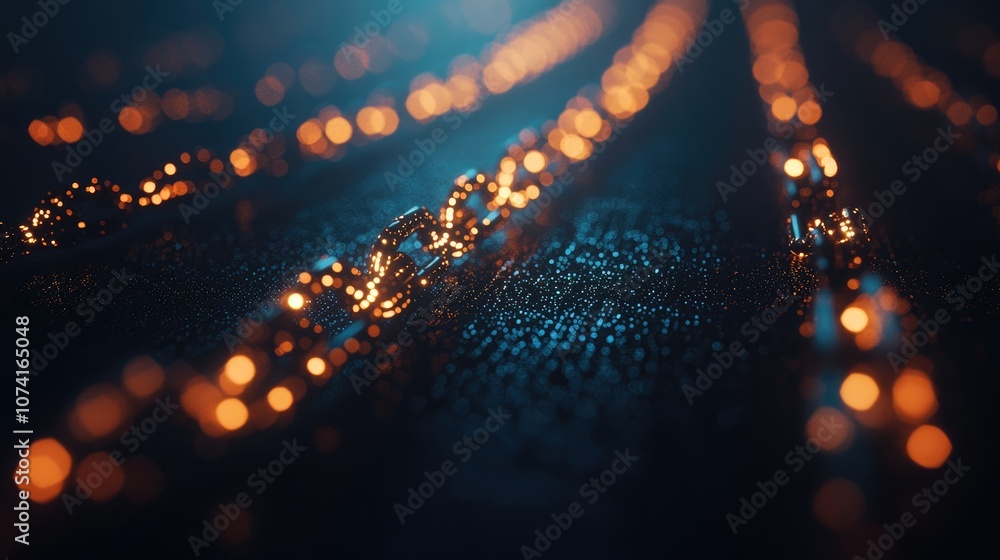Poster depth of field with interconnected chain links representing cryptocurrency and the concept of digita