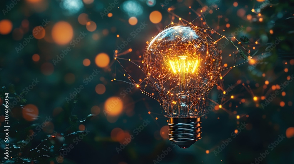 Poster digital network data represented by a creative light bulb symbolizing technological advancement ener