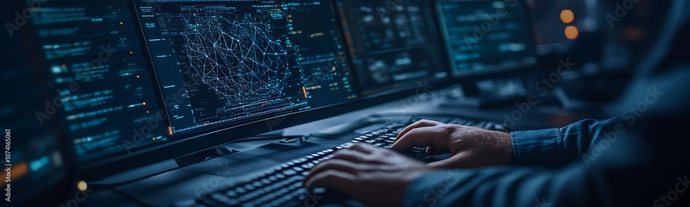 Poster A person types on a keyboard in front of multiple screens displaying data and visual patterns in a dark, tech-focused environment.
