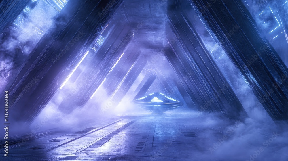 Poster triangular steam and fog with a glowing alien spaceship in a sci fi futuristic room featuring illumi