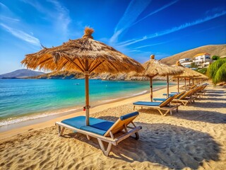Tranquil Seaside Scene of Greece Featuring Straw Umbrellas and Sun Loungers on Sandy Kalivia Beach at Tinos Island in the Cyclades, Perfect for Relaxation and Vacations