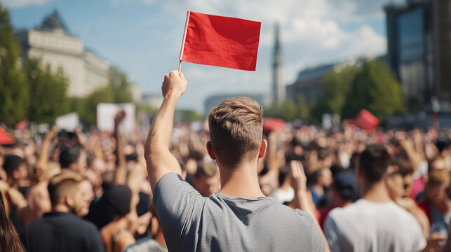 Red Flag Protest: A lone figure raises a red flag high above a sea of faces, symbolizing defiance and dissent in a powerful image of protest and social change.   - Powered by Adobe