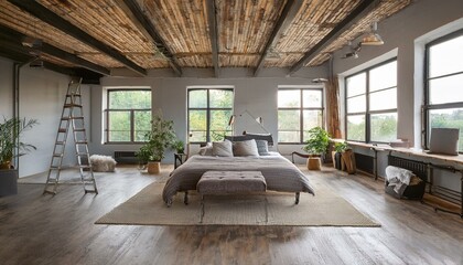 Open-Concept Industrial Loft with Exposed Beams, Metal Bed Frame, and Floor-to-Ceiling Windows