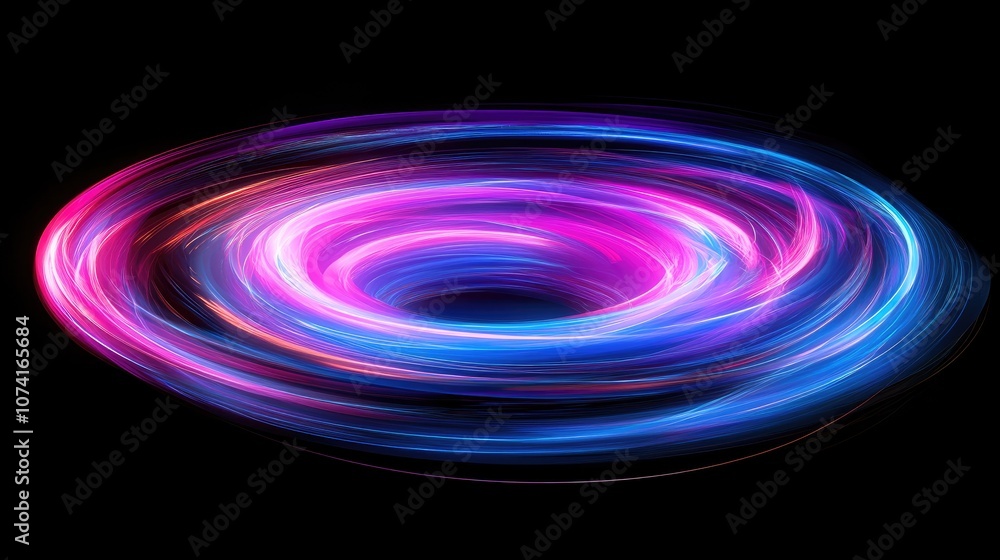Poster Dynamic and bright multicolored blue and pink round circling energy contrasts in a 3D cartoon rendering on a black background showcasing abstract space and cosmic effects and layers