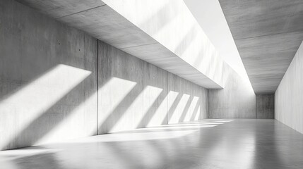 Fototapeta premium The modern white concrete triangular structure allows natural sunlight to enter through the skylight, creating indoor shadows. Highlighting the minimalist architectural style and clear lines