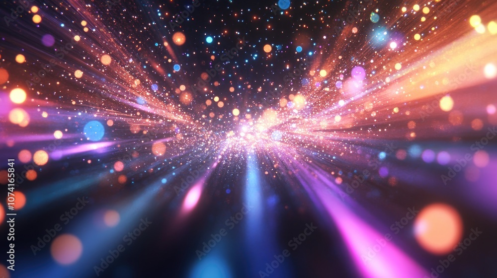 Poster Abstract blurred space comet with multi colored light lines on a black background in a 3D cartoon rendering