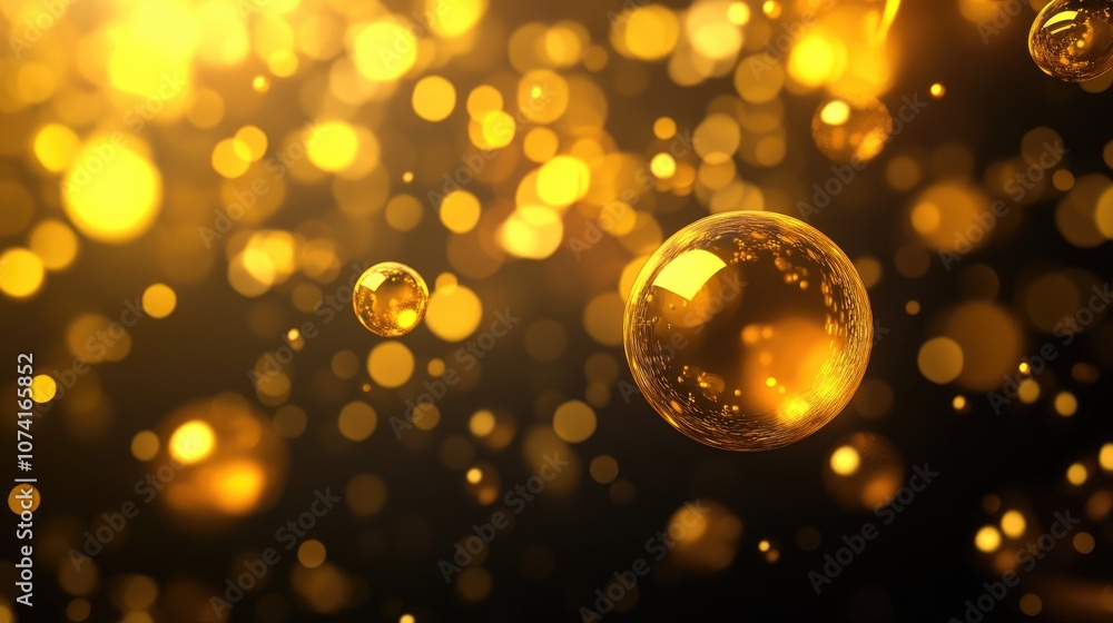 Poster Many yellow bubbles on a dark background in a 3D cartoon rendering