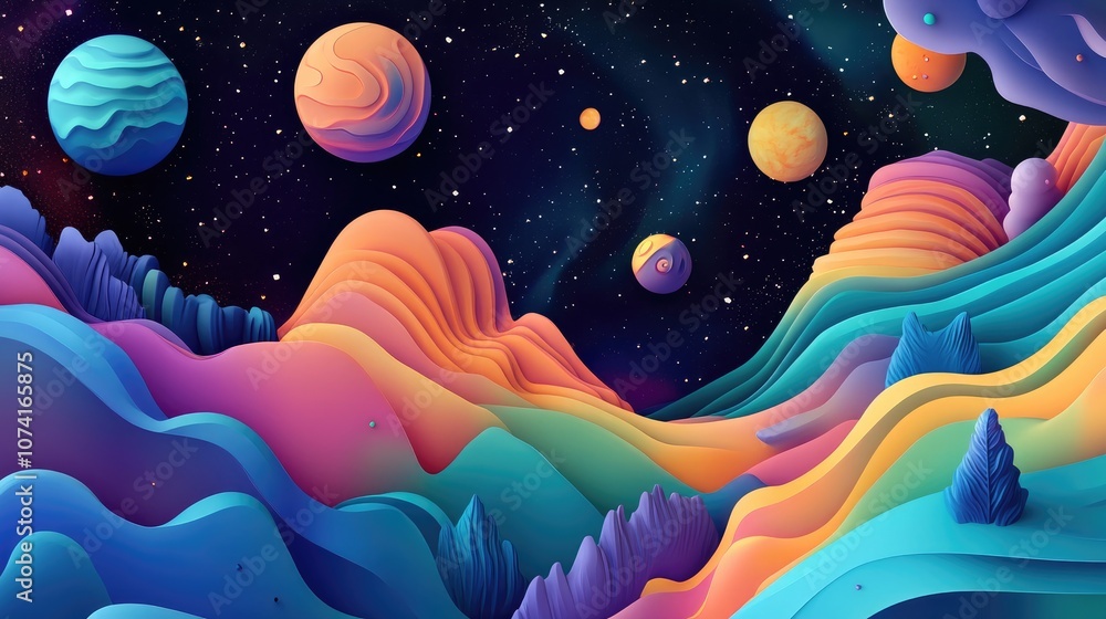 Aufkleber Background abstraction with nature and space in a 3D cartoon rendering