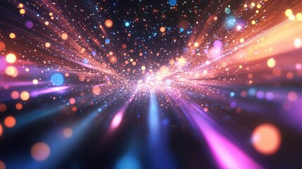 Obraz premium Abstract blurred space comet with multi colored light lines on a black background in a 3D cartoon rendering