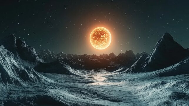 Beautiful exoplanet with exomoon illuminated by an alien star in a 3D cartoon rendering