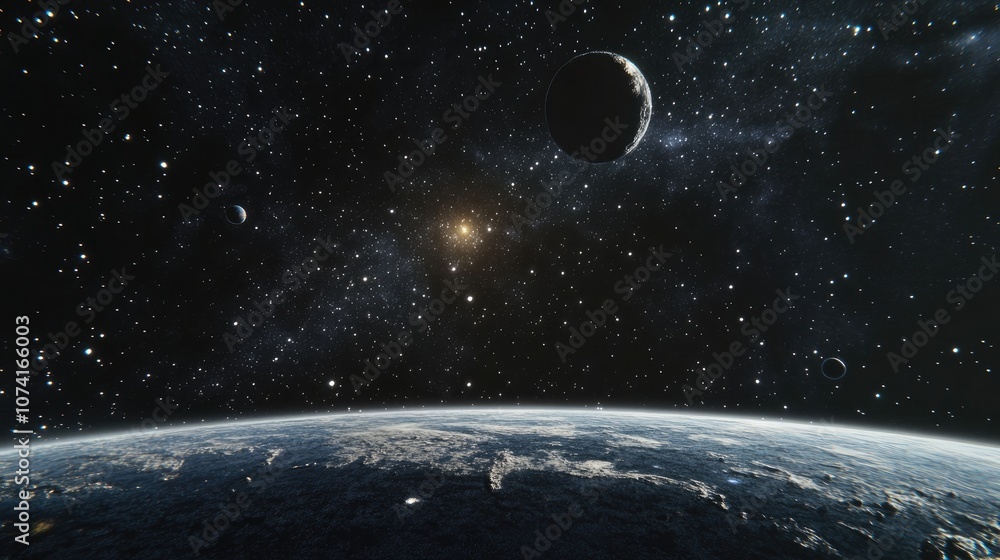 Poster view of extrasolar planets nebula and stars in deep space in 3d cartoon rendering