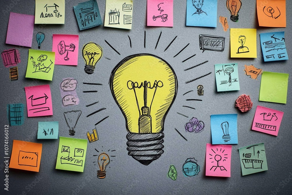 Poster a lightbulb drawn on a grey background surrounded by colorful sticky notes with various doodles.
