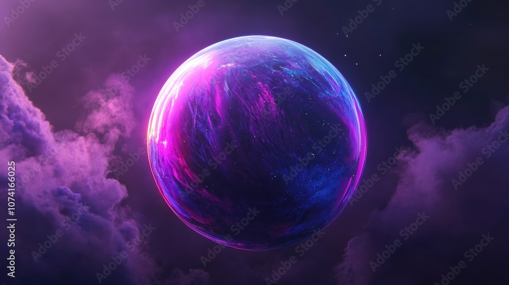 Poster spherical abstraction of a planet in dark space in 3d cartoon rendering