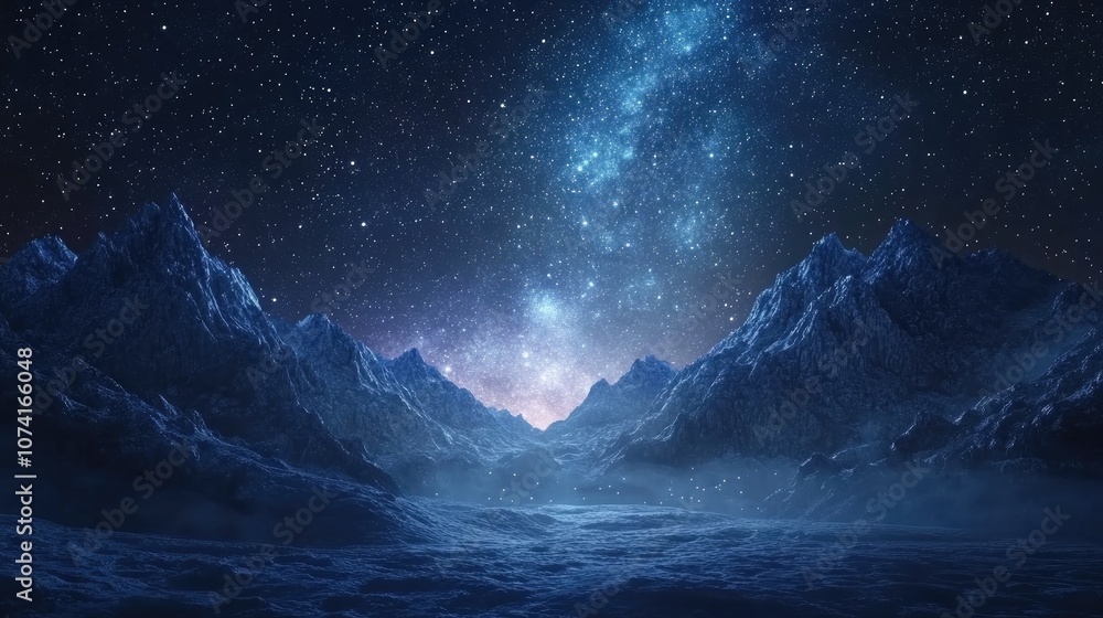 Poster beautiful view of a starry sky over mountains at night in 3d cartoon rendering