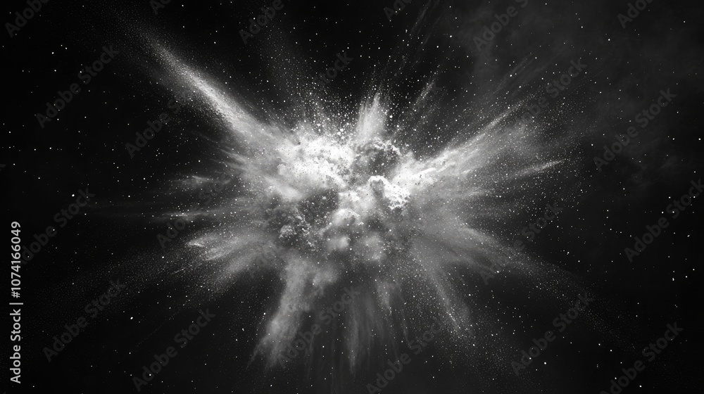 Poster white powder explosion in freeze motion illustrated in a 3d cartoon style isolated on a dark backgro